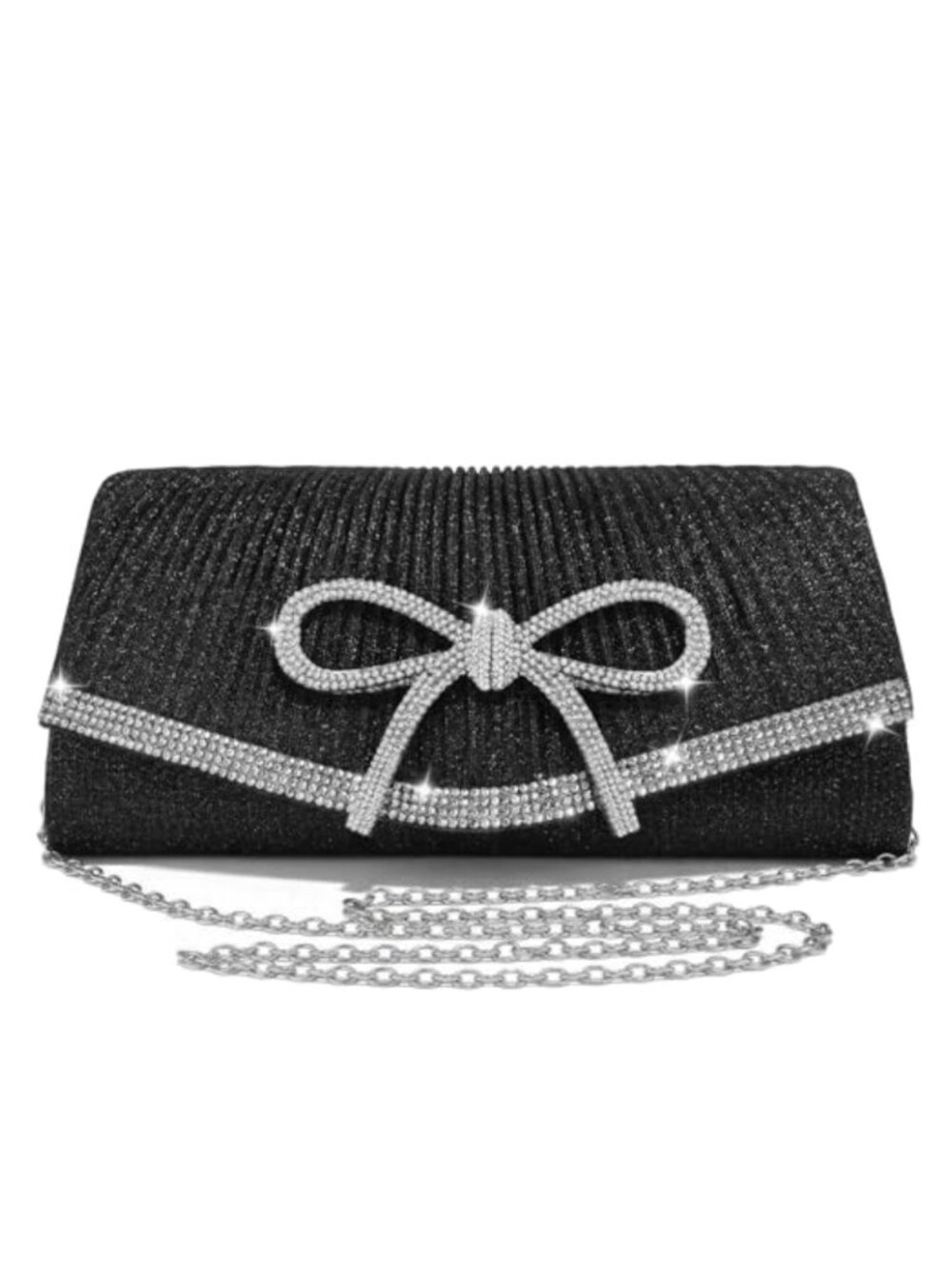 Rhinestone Bow Evening Clutch Sparkly Handbag Detachable Chain